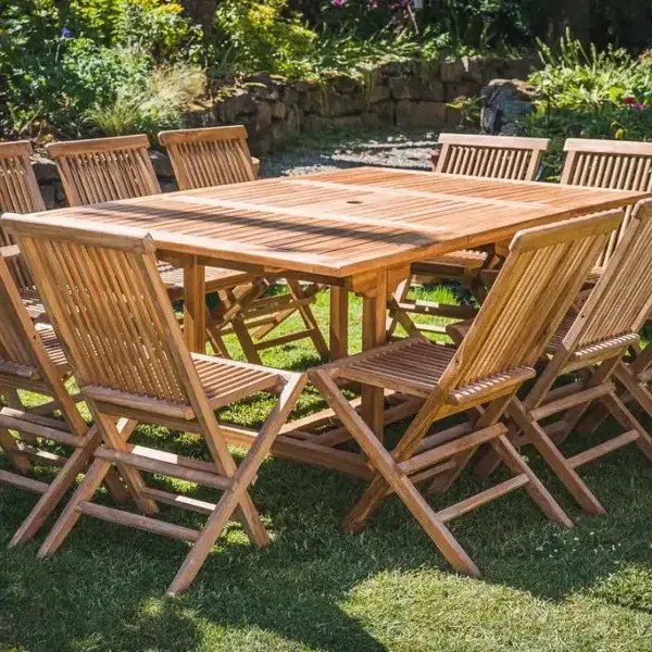 Solid Teak Square to Rectangular 1.2m - 1.8m Table and 10 Folding Chair Patio Set-2731