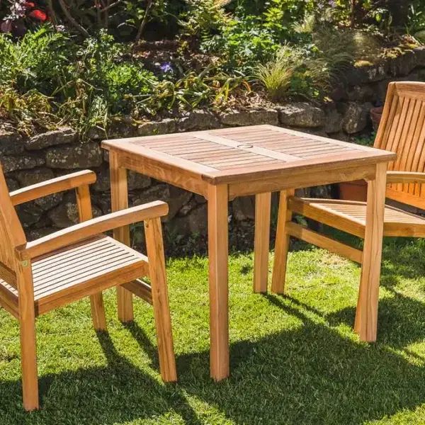 80cm Solid Teak Square Fixed Table and 2 Charlotte Stacking Chair Patio Set-0
