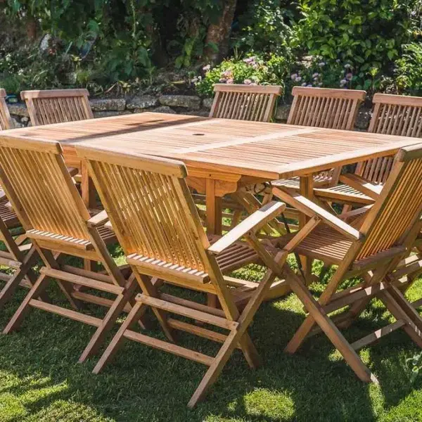Square Extending 1.2m - 1.8m Solid Teak Table and 10 Folding Armchair Patio Set-2494