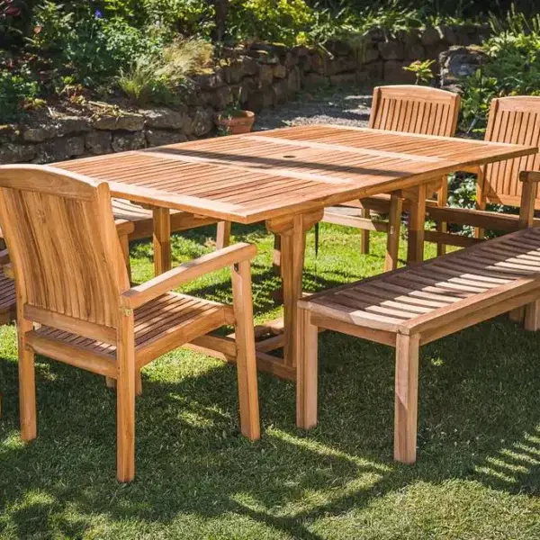 Solid Teak 10 Seater Extending 1.2m - 1.8m Table with 2 Backless Benches and 4 Charlotte Stacking Chairs-0