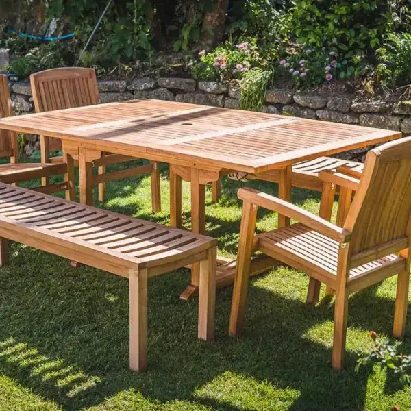 Solid Teak 10 Seater Extending 1.2m - 1.8m Table with 2 Backless Benches and 4 Charlotte Stacking Chairs-3036