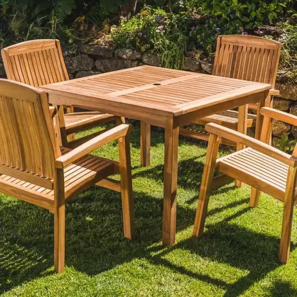 Garden Furniture Herefordshire 8 Solid Teak 1m Square Table and 4 Charlotte Stacking Chairs Patio Set-3092